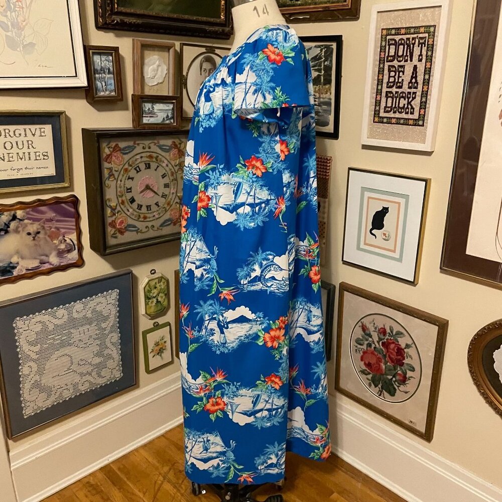 Vintage Made In Hawaii Blue Red White Short Sleeve Floral Maxi Dress Size 12 - Picture 3 of 5